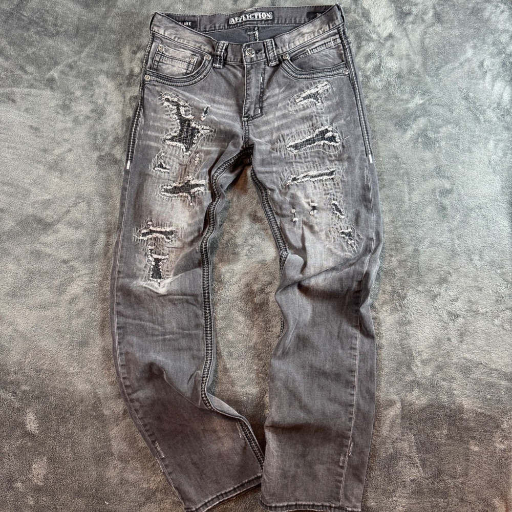 Y2K Affliction Gray Jeans Mens 32 Blake Slim Straight Distressed 110RS284 Grunge